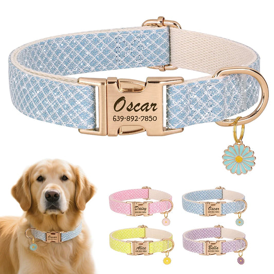 Pink custom nylon dog collar with engraved name tag “Daisy”