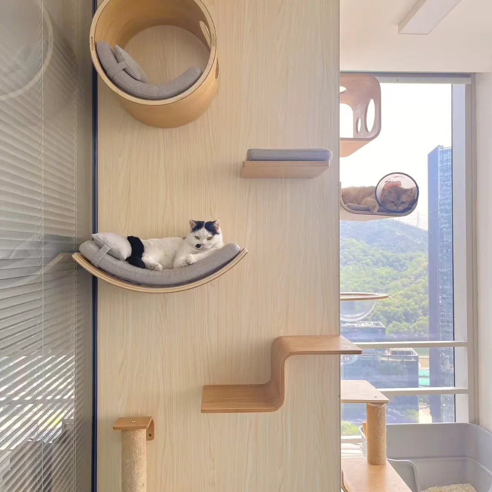 Wooden cat hammock mounted on wall – cozy resting spot for cats