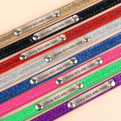 Collar lineup (all colors on table) → "Sparkle leather pet collars – red, green, blue, black, purple – personalized ID engraving"
