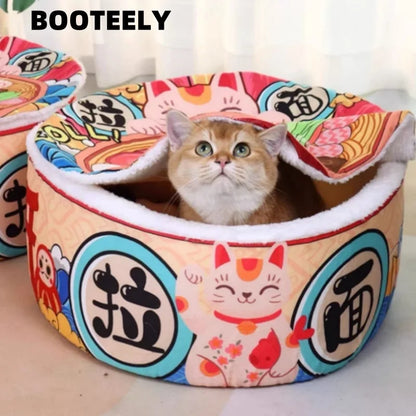 Cat sleeping inside instant noodle cup style pet bed