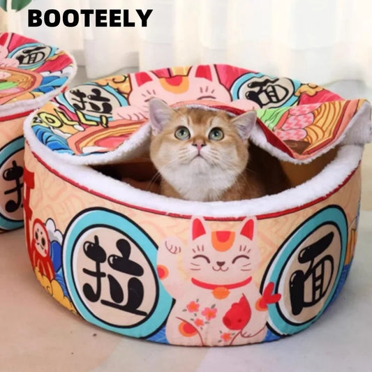 Cat sleeping inside instant noodle cup style pet bed