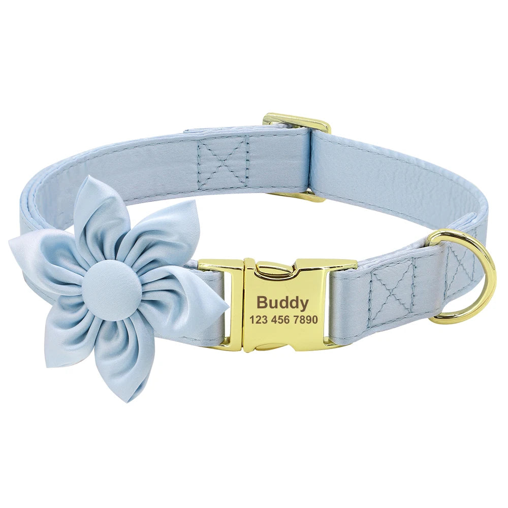 Personalized Dog Collar with Bowknot & Flower – Engraved Name Tag, Adjustable for Small, Medium & Large Dogs