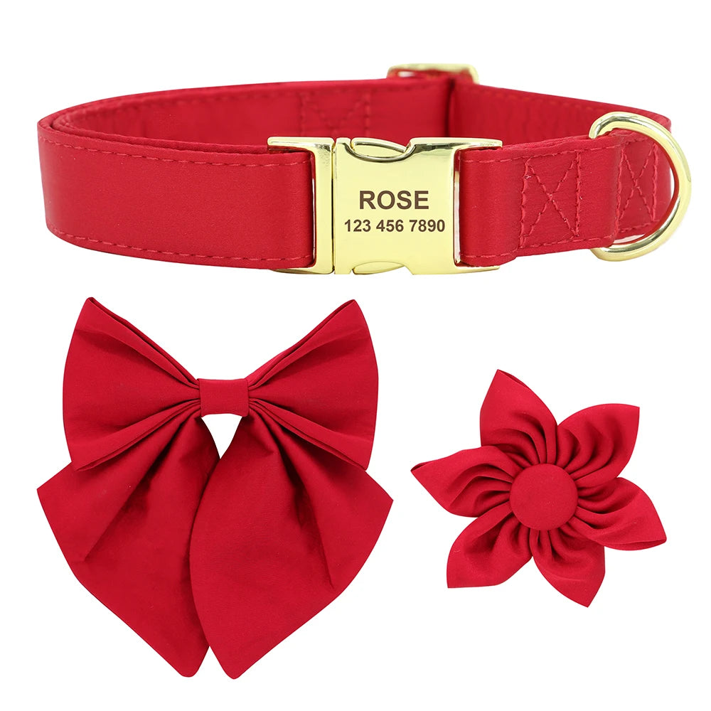 Personalized Dog Collar with Bowknot & Flower – Engraved Name Tag, Adjustable for Small, Medium & Large Dogs