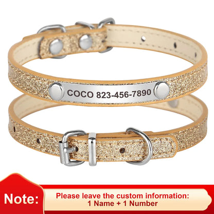 Personalized Bling Cat & Dog Collar – Custom Engraved ID Nameplate | Adjustable Leather Pet Collar