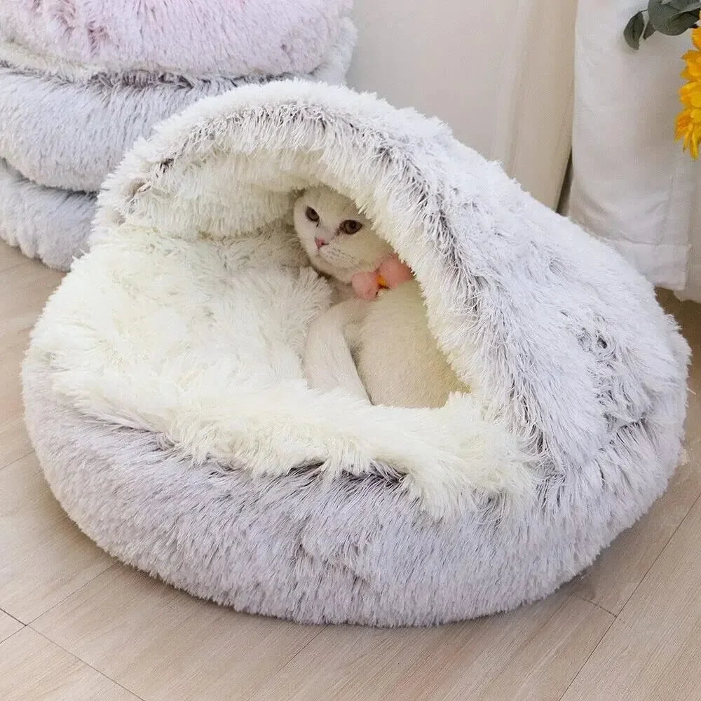 Gray hooded plush cat bed round shape
