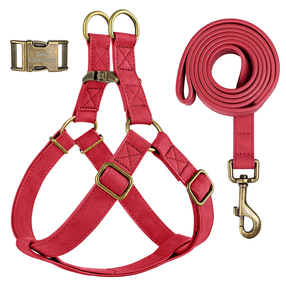 Custom PU Leather Dog Harness with Engraved ID Buckle & Matching Leash – Adjustable