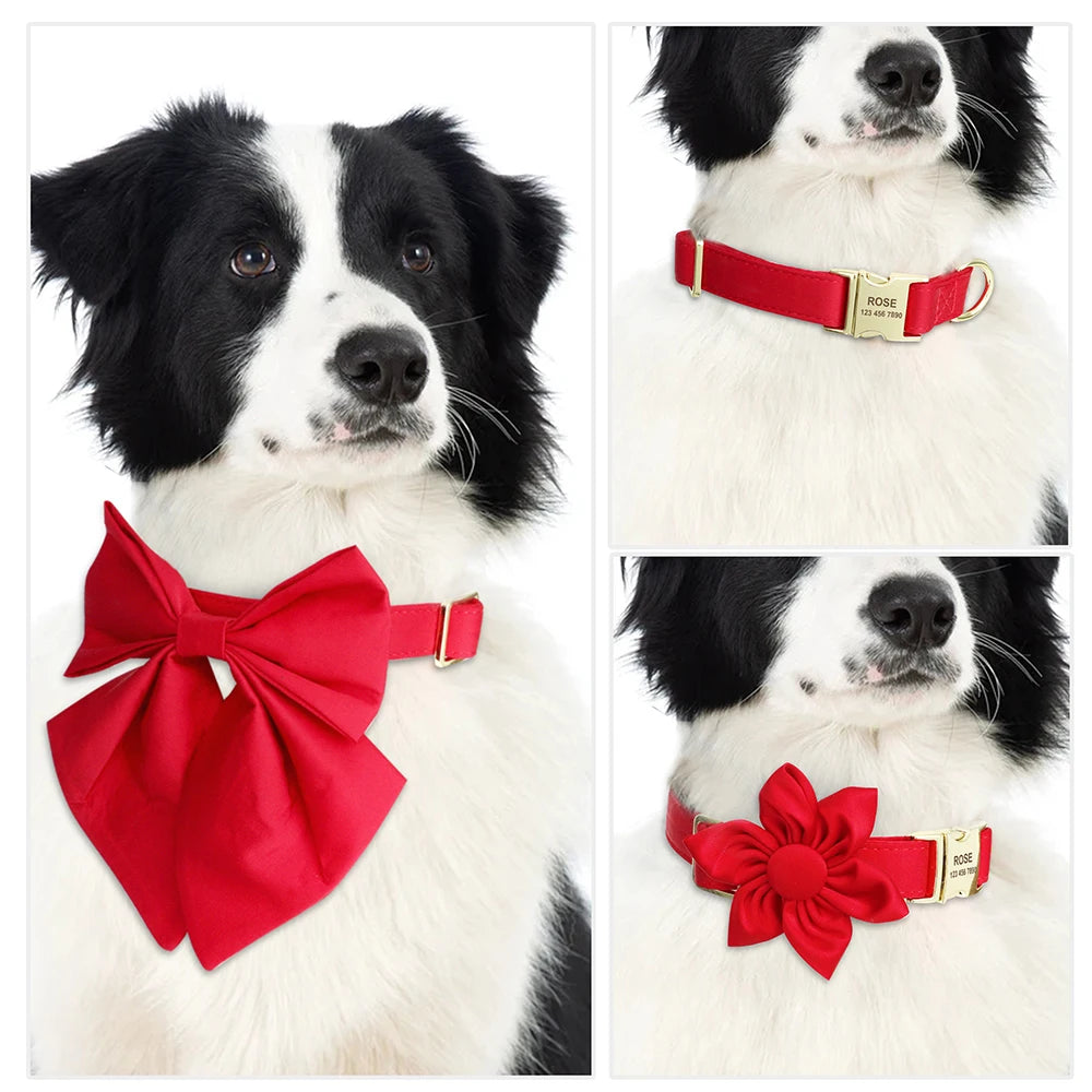 Personalized Dog Collar with Bowknot & Flower – Engraved Name Tag, Adjustable for Small, Medium & Large Dogs