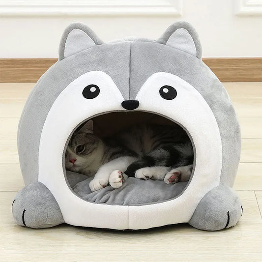 Soft animal-shaped cat bed with cushion – front view