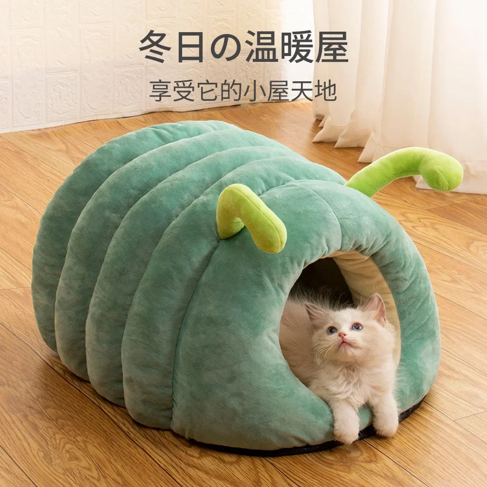 Cat inside green pumpkin pet nest – semi-enclosed bed for comfort
