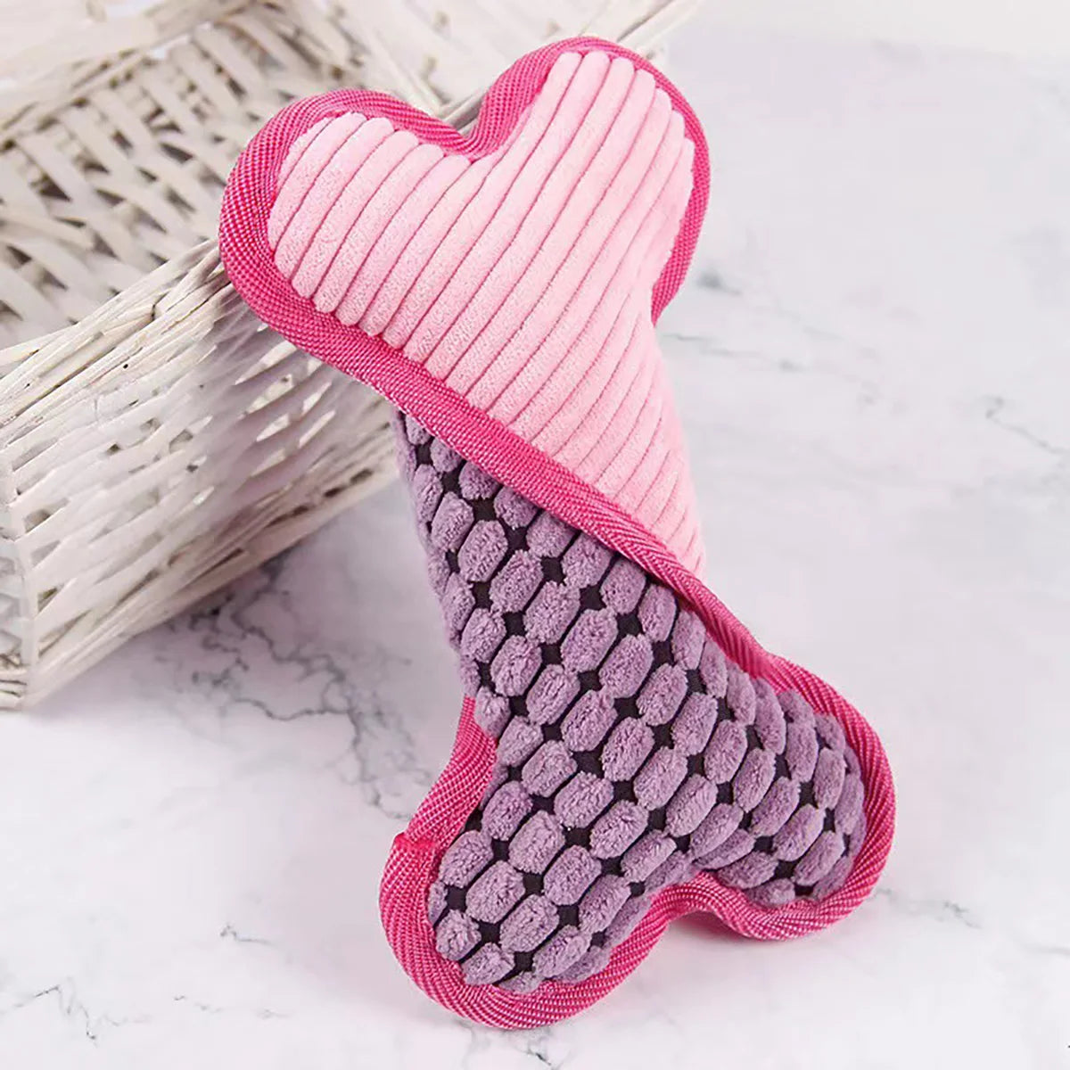 Pink plush squeaky bone dog toy – soft chew toy for dogs